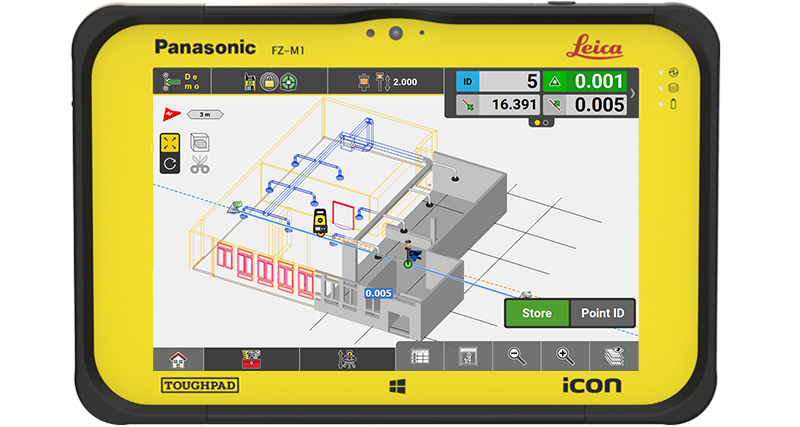 Visualização do mapa de um CAD de construção e dados do design IFC BIM no software Leica iCON build e execução do layout de uma linha dentro da tolerância.
